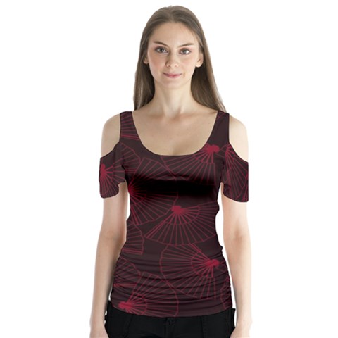 Folding Fan Seamless Pattern Butterfly Sleeve Cutout Tee  by Pakemis