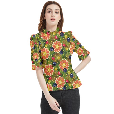 Fruits Star Blueberry Cherry Leaf Frill Neck Blouse by Pakemis