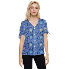 Floral Asia Seamless Pattern Blue Bow Sleeve Button Up Top by Pakemis