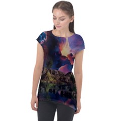 Lake Galaxy Stars Science Fiction Cap Sleeve High Low Top by Uceng