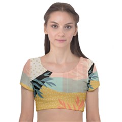 Leaves Pattern Design Colorful Velvet Short Sleeve Crop Top  by Uceng