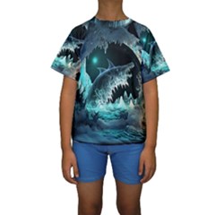 Sculpture Dinosaur Shark Frozen Winter Fantasy Kids  Short Sleeve Swimwear by Ravend