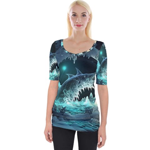 Sculpture Dinosaur Shark Frozen Winter Fantasy Wide Neckline Tee by Ravend