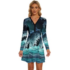Sculpture Dinosaur Shark Frozen Winter Fantasy Long Sleeve Deep V Mini Dress  by Ravend