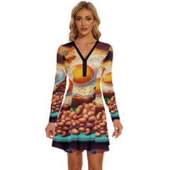 Ai Generated Breakfast Egg Beans Toast Plate Long Sleeve Deep V Mini Dress  by danenraven