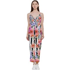 Delightful Watercolor Flowers And Foliage V-neck Spaghetti Strap Tie Front Jumpsuit by GardenOfOphir