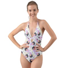 Pattern Pastel Drawing Art Halter Cut-out One Piece Swimsuit by Ravend