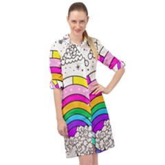 Rainbow Fun Cute Minimal Doodle Drawing Art Long Sleeve Mini Shirt Dress by Ravend