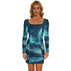 Moonlight High Tide Storm Tsunami Waves Ocean Sea Long Sleeve Square Neck Bodycon Velvet Dress by Ravend