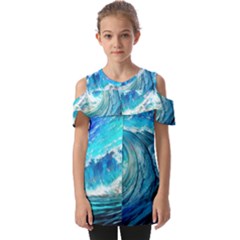 Tsunami Waves Ocean Sea Nautical Nature Water Painting Fold Over Open Sleeve Top by Ravend