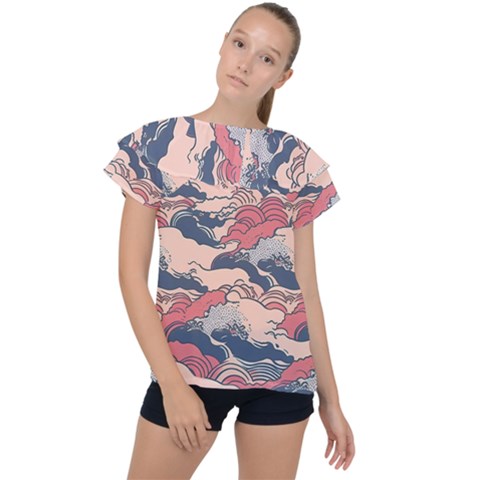 Waves Ocean Sea Water Pattern Rough Seas Ruffle Collar Chiffon Blouse by Ravend
