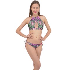 Chic Choice Classic Watercolor Flowers Cross Front Halter Bikini Set by GardenOfOphir