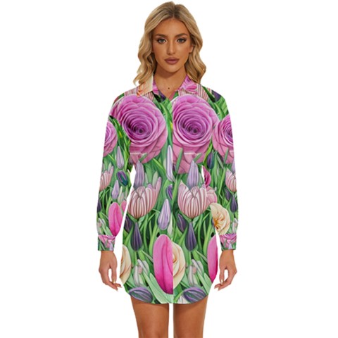 Classic Watercolor Flowers Womens Long Sleeve Shirt Dress by GardenOfOphir