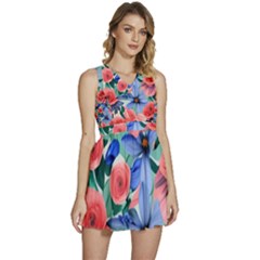 Classy Watercolor Flowers Sleeveless High Waist Mini Dress by GardenOfOphir