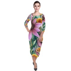 Watercolor Flowers Botanical Foliage Quarter Sleeve Midi Velour Bodycon Dress by GardenOfOphir