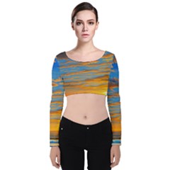 Orange Sunset On The Beach Velvet Long Sleeve Crop Top by GardenOfOphir