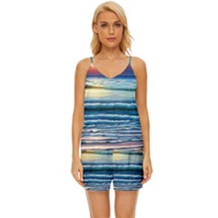 Sunset Beach Waves V-neck Satin Pajamas Set by GardenOfOphir