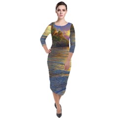 Sunset At The Surf Quarter Sleeve Midi Velour Bodycon Dress by GardenOfOphir
