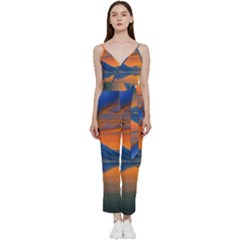 Glorious Sunset V-neck Spaghetti Strap Tie Front Jumpsuit by GardenOfOphir