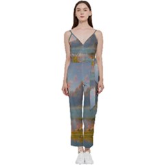 Marvelous Sunset V-neck Spaghetti Strap Tie Front Jumpsuit by GardenOfOphir