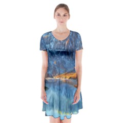 Majestic Lake Landscape Short Sleeve V-neck Flare Dress by GardenOfOphir