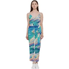 Waves At The Ocean s Edge V-neck Spaghetti Strap Tie Front Jumpsuit by GardenOfOphir