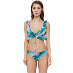 Summer Waves In Pink Iii Low Cut Ruffle Edge Bikini Set by GardenOfOphir