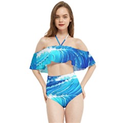 Simple Blue Ocean Wave Halter Flowy Bikini Set  by GardenOfOphir