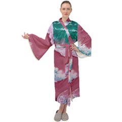 Ocean Waves In Pink Maxi Velvet Kimono by GardenOfOphir
