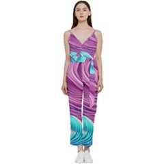Pink Water Waves V-neck Spaghetti Strap Tie Front Jumpsuit by GardenOfOphir