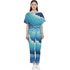 Simple Summer Wave Pattern Batwing Lightweight Chiffon Jumpsuit by GardenOfOphir