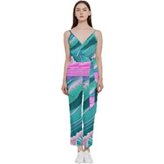 Pink Ocean Waves V-neck Spaghetti Strap Tie Front Jumpsuit by GardenOfOphir