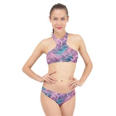 Ocean Waves In Pink Ii High Neck Bikini Set by GardenOfOphir