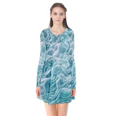 Nature Ocean Waves Long Sleeve V-neck Flare Dress by GardenOfOphir