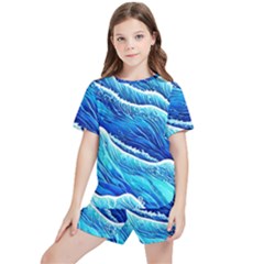 Blue Ocean Wave Watercolor Kids  Tee And Sports Shorts Set by GardenOfOphir