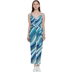 Blue Ocean Waves V-neck Spaghetti Strap Tie Front Jumpsuit by GardenOfOphir