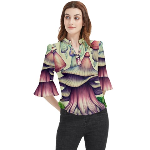 Antique Forest Mushrooms Loose Horn Sleeve Chiffon Blouse by GardenOfOphir