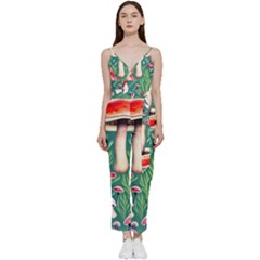 Forest Mushroom Fairy Garden V-neck Spaghetti Strap Tie Front Jumpsuit by GardenOfOphir