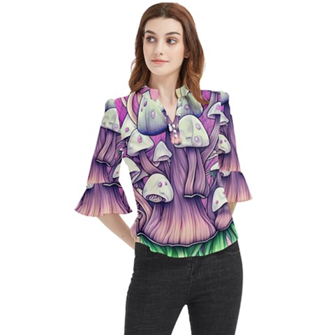 Forestcore Mushroom Loose Horn Sleeve Chiffon Blouse by GardenOfOphir