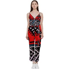 Multicolored Doodle Art Street Art V-neck Spaghetti Strap Tie Front Jumpsuit by Jancukart