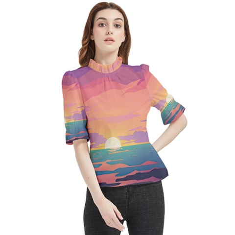 Sunset Ocean Beach Water Tropical Island Vacation 4 Frill Neck Blouse by Pakemis