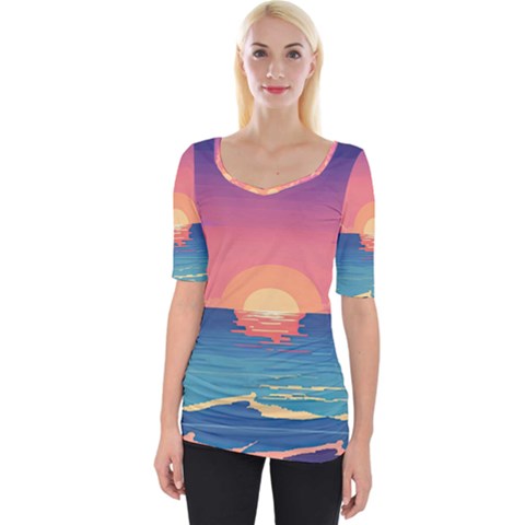 Sunset Ocean Beach Water Tropical Island Vacation 2 Wide Neckline Tee by Pakemis