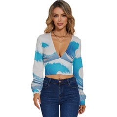 Wave Tsunami Tidal Wave Ocean Sea Water Long Sleeve Deep-v Velour Top by Pakemis