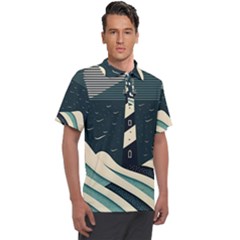 Lighthouse Abstract Ocean Sea Waves Water Blue Men s Polo Tee by Pakemis