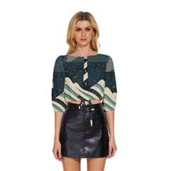 Lighthouse Abstract Ocean Sea Waves Water Blue Mid Sleeve Drawstring Hem Top by Pakemis