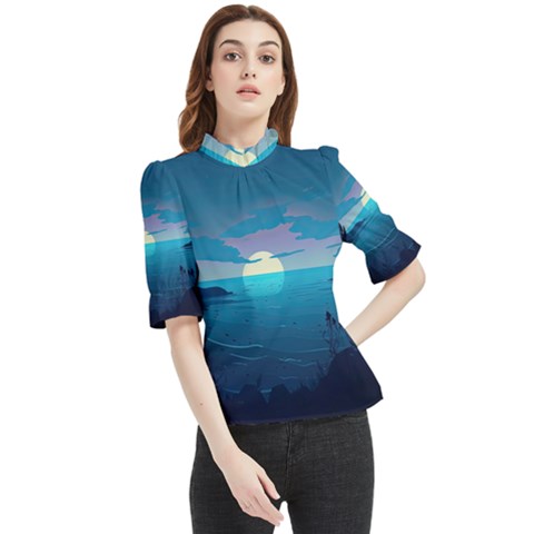 Ai Generated Ocean Sea Water Anime Nautical 2 Frill Neck Blouse by Pakemis
