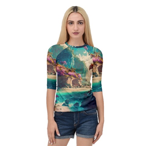 Tropical Island Fantasy Landscape Palm Trees Ocean Quarter Sleeve Raglan Tee by Pakemis