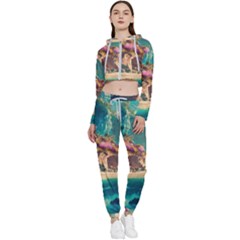 Tropical Island Fantasy Landscape Palm Trees Ocean Cropped Zip Up Lounge Set by Pakemis