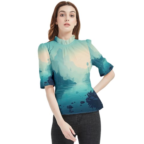 Ai Generated River Forest Woods Outdoors Frill Neck Blouse by Pakemis
