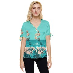 Beach Ocean Flowers Flower Floral Plants Vacation Bow Sleeve Button Up Top by Pakemis